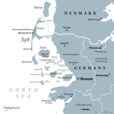 Nordfriesland, ya da Kuzey Frizya, gri politik harita. Almanya 'nın kuzeyinde Schleswig-Holstein eyâletinde, başkent Husum ve beş büyük ada ile Sylt, Foehr, Amrum, Pellworm ve Nordstrand.