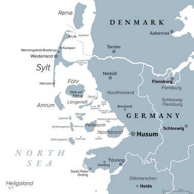 Nordfriesland, or North Frisia, gray political map. Northernmost district of Germany, part of Schleswig-Holstein, with capital Husum and five large islands Sylt, Foehr, Amrum, Pellworm and Nordstrand. clipart