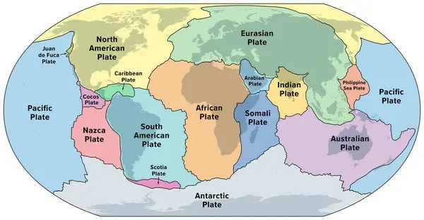 Placas Tectónicas Principais Terra Mapa Mundo Dezesseis Maiores Pedaços Crosta — Vetor de Stock