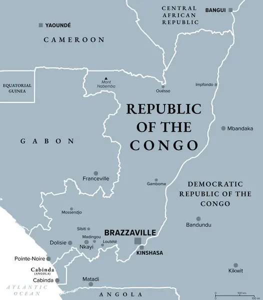 Kongo Cumhuriyeti Gri Politik Harita Orta Afrika Nın Batı Kıyısında — Stok Vektör