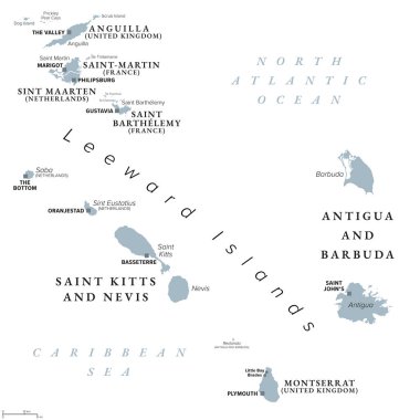 Anguilla 'dan Montserrat' a, gri politik harita. Karayip adaları, Leeward Adaları ve Küçük Antiller 'in bir kısmı. Anguilla, Saint Martin, Saint Kitts ve Nevis, Antigua ve Barbuda, ve Montserrat.