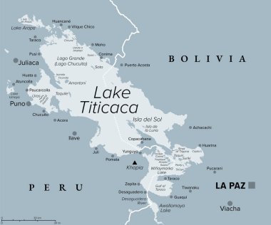 Titicaca Gölü, gri politik harita. Bolivya ve Peru sınırındaki And Dağları 'ndaki büyük tatlı su gölü. Çoğunlukla dünyanın en yüksek seyir edilebilir gölü ve Güney Amerika 'nın en büyük gölü olarak adlandırılır..