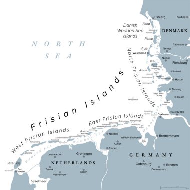 Frisian Islands, gray political map. Wadden Sea Islands, archipelago at North Sea in Europe, stretching from Netherlands through Germany to Denmark. The islands shield the Wadden Sea mudflat region. clipart