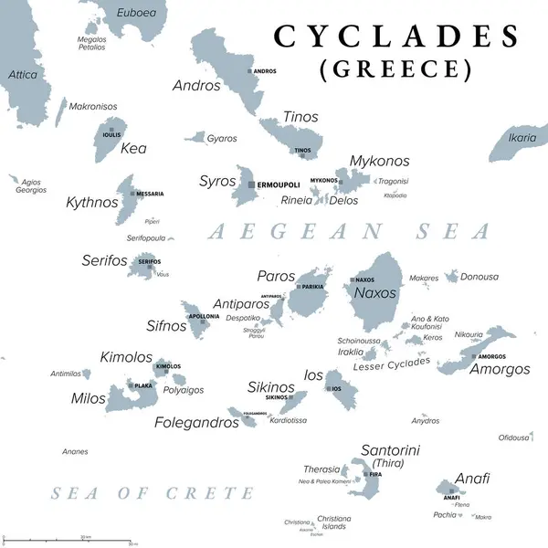 Ciclades Grupo Ilhas Gregas Mar Egeu Mapa Político Cinzento Sudeste —  Vetores de Stock