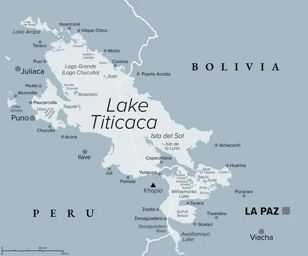 Lacul Titicaca Hartă Politică Gri Lac Mare Apă Dulce Munții — Vector de stoc