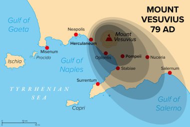 Eruption of Mount Vesuvius in 79 AD, history map. General distribution of ash and pumice. Major stratovolcano in southern Italy buried and destroyed the Roman towns Pompeii, Herculaneum, and others. clipart