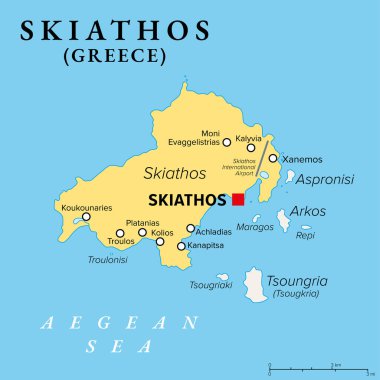Skiathos, küçük Yunan adası, politik harita. Ege Denizi 'nde bir ada, Sporades' un bir parçası, Skiathos kasabası, ve komşu adalar Tsoungria, Arkos ve Aspronisi ve daha küçükleriyle.