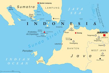 Sunda Strait, Indonesia, political map. Strait between the Indonesian islands Java and Sumatra, connecting Java Sea with the Indian Ocean. With Krakatau Archipelago and active volcano Anak Krakatau. clipart