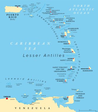Doğu Karayip adaları, politik haritalar. Porto Riko, Virgin Adaları, Leeward ve Windward Adaları ve Venezuela kıyılarının kuzeyindeki Leeward Antilleri 'nin bir kısmı, hepsi Karayip Denizi' nde yer alıyor..