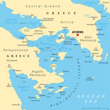 Argo-Saronik Körfezi, Saronik ve Argolik Körfezi, siyasi harita. Attica ve Argolis yarımadaları, Argo-Saronic Adaları, Corinth Isthmus, Corinth Kanalı ve Yunan başkenti Atina.