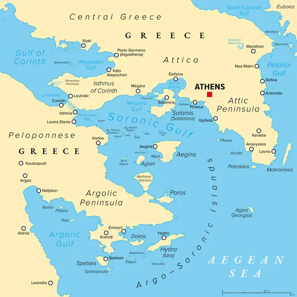 Golfo Argo Sarônico Golfo Sarônico Argólico Grécia Mapa Político Penínsulas —  Vetores de Stock