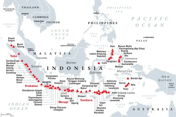 Vulcani Majori Din Indonezia Hartă Politică Țara Din Asia Sud — Vector de stoc