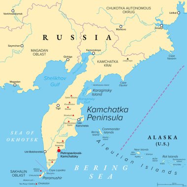 Kamchatka Peninsula, and the federal subject Kamchatka Krai of Russia, political map. Peninsula with numerous volcanoes between Bering Sea and Sea of Okhotsk. Offshore runs the Kuril-Kamchatka Trench. clipart