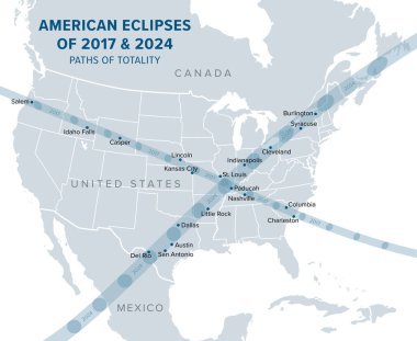 Büyük Amerikan Eclipsleri, Bütünlüğün Yolları, politik harita. 21 Ağustos 2017 ve 8 Nisan 2024 tarihli toplam Güneş Tutulmaları. Illinois üzerinde kesişen, bütünlük yollarında büyük şehirler.