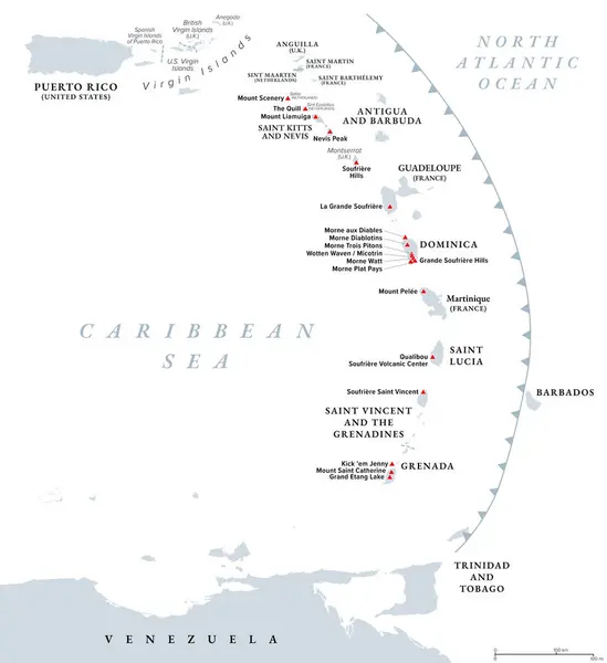 Vulcões Das Ilhas Caribe Mapa Político Mapa Arco Insular Forma — Vetor de Stock