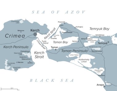 Kerch Strait in Eastern Europe, gray political map. Narrow waterway that connects the Black Sea and Sea of Azov. The Crimean Bridge connects the Kerch Peninsula of Crimea with the Taman Peninsula. clipart