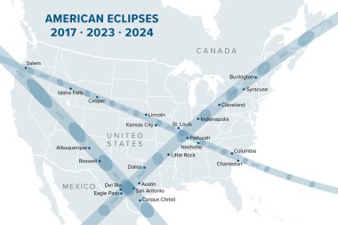 2017, 2023 ve 2024 Amerikan Eclipsleri, politik harita. 14 Ekim 2023 Yıllık Güneş Tutulması ve 21 Ağustos 2017 ve 8 Nisan 2024 tarihli Toplam Güneş Tutulması Yolları..