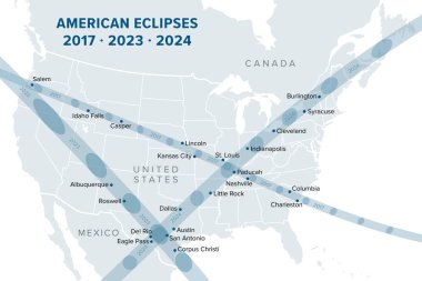 American Eclipses of 2017, 2023 and 2024, political map. Paths of the Annular Solar Eclipse of October 14, 2023, and the Total Solar Eclipses of August 21, 2017, and April 8, 2024, with major cities. clipart