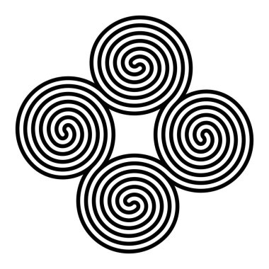Yapışık spirallerin geometrik deseni. Tetraskelion ya da tetraskele, eski bir dörtlü spiral sembolü. Dönme simetri gösteren çift kollu Arşimet spiralleri.