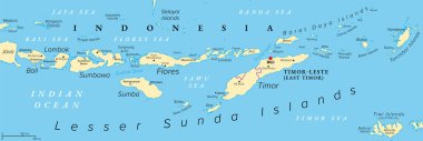 Lesser Sunda Islands, Indonesia, political map. Nusa Tenggara Islands, archipelago Southeast Asia. Part of volcanic Sunda Arc. Bali, Lombok, Sumbawa, Sumba, Flores, Timor and numerous smaller islands. clipart
