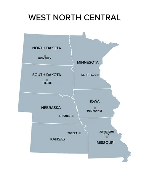 West North Central States Gray Political Map United States Census — Vector de stoc