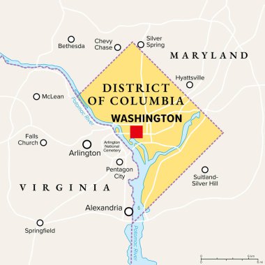 Washington, D.C., politik harita. Kolombiya Bölgesi, Birleşik Devletler 'in başkenti ve federal bölgesi. Virginia 'nın karşısındaki Potomac Nehri' nde yer alan Maryland ile kara sınırlarını paylaşıyorlar..