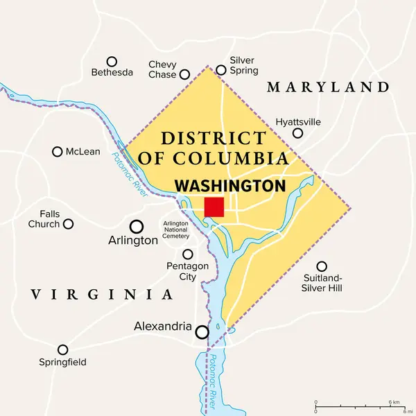 Washington Mapa Político Distrito Columbia Capital Distrito Federal Dos Estados Ilustração De Stock