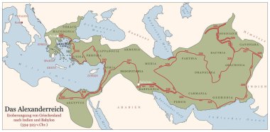 Büyük İskender İmparatorluğu, Yunanistan 'dan Hindistan' a, MÖ 334-MÖ 323 arası fetih rotasında ilerliyor. Almanca tarih haritası, şehirler, vilayetler ve yıllarla etiketlenmiş. Alman etiketi. Görüntü