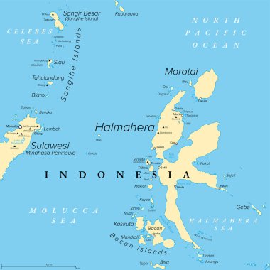 Halmahera, Endonezya 'daki ada, politik harita. Molucca 'nın en büyük adası, Maluku Adaları ve Kuzey Maluku eyaletinin bir kısmı. Morotai, Bacan Adaları ve Kuzey Sulawesi 'nin bir kısmıyla.