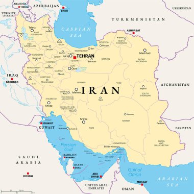 Iran, political map with provinces, borders, capital Tehran and major cities. The Islamic Republic of Iran, IRI, also known as Persia, a country in West Asia, divided into 31 provinces. Illustration clipart