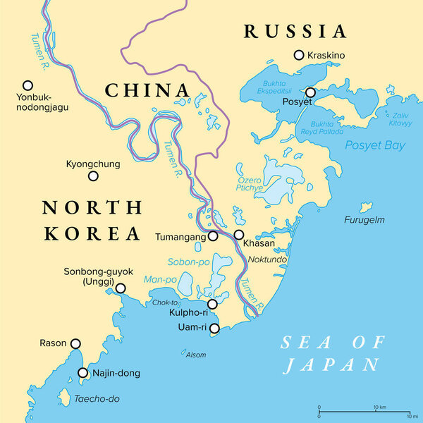 Tumen river flowing on Noktundo into Sea of Japan, political map. Tripoint in the Tumen river, where borders of China, North Korea and Russia intersect near Khasan, on disputed former island Noktundo.