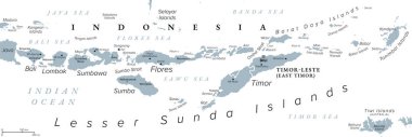 Lesser Sunda Islands, Indonesia, gray political map. Nusa Tenggara Islands, archipelago in Southeast Asia. Part of volcanic Sunda Arc. Bali, Lombok, Sumbawa, Sumba, Flores, Timor and smaller islands. clipart