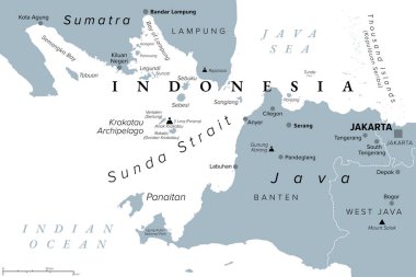 Sunda Boğazı, Endonezya, gri politik harita. Java ve Sumatra adaları arasında Java Denizi 'ni Hint Okyanusu' na bağlayan bir boğazdır. Krakatau Takımadası ve aktif volkan Anak Krakatau ile.
