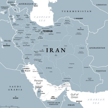 Iran with provinces, gray political map, with borders, capital Tehran and major cities. The Islamic Republic of Iran, also known as Persia, a country in West Asia, divided into 31 provinces. Vector clipart