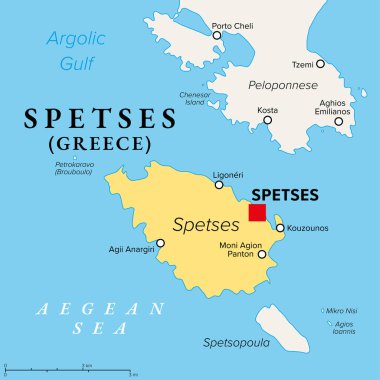Sivri uçlar, Yunan adası, siyasi harita. Ege Denizi 'ndeki küçük ada ve belediye, Saronic Adaları' nın bir kısmı, Spetses kasabası ve komşu ada Spetsopoula ile birlikte. Vektör