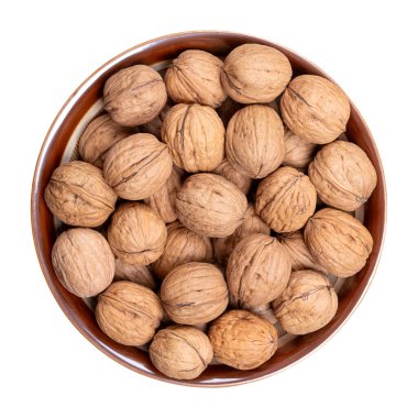 Kabuklarında ceviz, kahverengi bir kasede. Ceviz ağacı Juglans Rejiminin kabuksuz tohumları. Kabuklu fındıklar, atıştırmalık olarak, pişirme ve dekorasyon için kullanılıyor. Yukarıdan izole edilmiş. Fotoğraf.