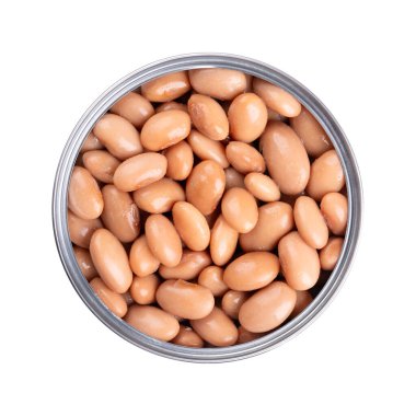 Borlotti fasulyesi konserve kutusunda. Pişmiş ve konserve yaban mersini fasulyesi, fındık renginde sıradan fasulye çeşitleri, Fhaseolus vulgaris. Vejetaryen yemeği. Yukarıdan izole edilmiş, yakın çekim yemek fotoğrafı..