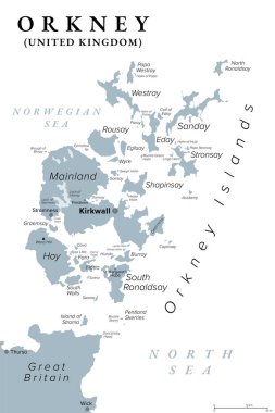 Orkney veya Orkney Adaları, gri politik harita. İskoçya 'nın Kuzey Adaları' ndaki yaklaşık 70 adanın takımadaları, Büyük Britanya adasının açıklarında yer almaktadır ve Anakara en büyük adadır..
