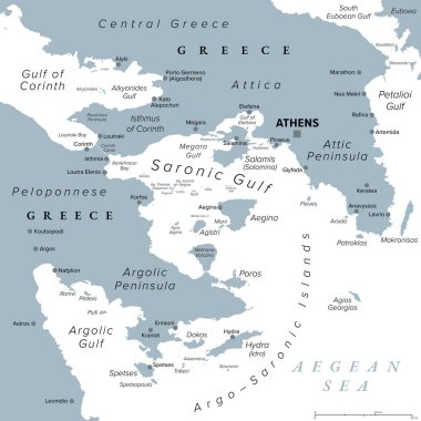 Argo-Saronik Körfezi, Saronik ve Argolik Körfezi, gri siyasi harita. Attica ve Argolis yarımadaları, Argo-Saronic Adaları, Corinth Isthmus, Corinth Kanalı ve Yunan başkenti Atina.