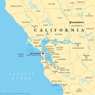 San Francisco Körfez Bölgesi, ABD 'nin Kaliforniya eyaletinin bir bölgesi, ilçeleri ve büyük şehirleri olan politik bir harita. San Francisco Körfezi 'ni çevreleyen ve içine alan büyük bir gelgit haliçidir..