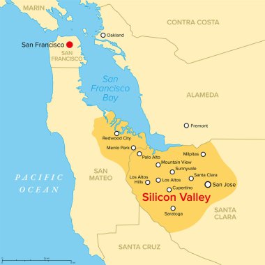 Silikon Vadisi, Kuzey Kaliforniya 'da bir bölge, politik harita. Amerika Birleşik Devletleri 'nde yüksek teknoloji ve yenilik merkezi, San Francisco Körfez Bölgesi' nin güney kesiminde yer almaktadır..