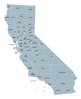 Kaliforniya eyaletleri, gri politik harita. ABD 'nin Kaliforniya eyaleti 58 ilçeye bölünmüştür ve San Bernardino Eyaleti ABD' nin en büyük eyaleti ve Los Angeles Eyaleti ABD 'nin en kalabalık ilçesidir..