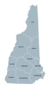 New Hampshire state counties, gray political map. New Hampshire, a state in the New England region of the Northeastern United States, subdivided into 10 counties. Map with boundaries and county names. clipart