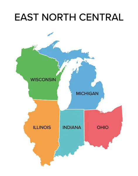 stock vector East North Central states, multi colored political map with borders. United States Census division of the Midwest region, consisting of the states Illinois, Indiana, Michigan, Ohio, and Wisconsin.