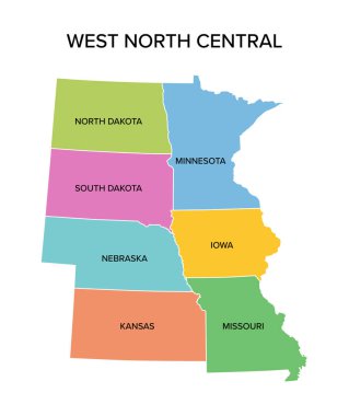 Batı Kuzey Merkez Eyaletleri, çok renkli politik haritalar. Iowa, Kansas, Minnesota, Missouri, Nebraska, Kuzey Dakota ve Güney Dakota 'dan oluşan ABD Nüfus Sayımı Bölümü.