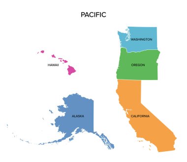 Pasifik eyaletleri, Birleşik Devletler 'in batı kıyıları, çok renkli politik haritalar. Batı bölgesinin Alaska, Kaliforniya, Hawaii, Oregon ve Washington 'dan oluşan nüfus sayımı bölümü.