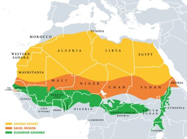 Sahara, Sahel, ve Sudan savanası, politik harita. Sahra, dünyanın en büyük sıcak çölü, sıcak yarı kurak iklimi ve Afrika kıtasındaki geniş tropik Sudan savanası kuşağı ile Sahel 'dir..