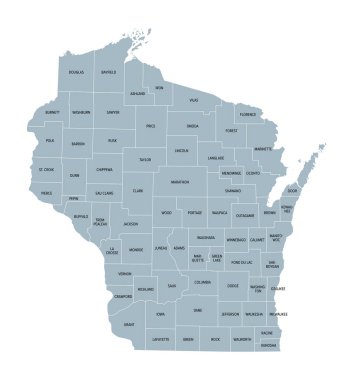 Wisconsin eyaletleri, gri politik harita. Amerika Birleşik Devletleri 'nin orta batısındaki Büyük Göller bölgesinde 72 ilçeye bölünmüş bir eyalet. Sınırları ve ilçe isimleri olan bir harita. Görüntü