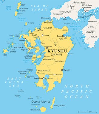 Kyushu adası ve Japonya 'nın Kyushu bölgesinin kuzey kesimi, illere sahip siyasi haritalar. Japonya 'nın dört büyük adasından biri, Honshu ve Shikoku' nun güneybatısında, Seto İç Denizi ile ayrılmış..