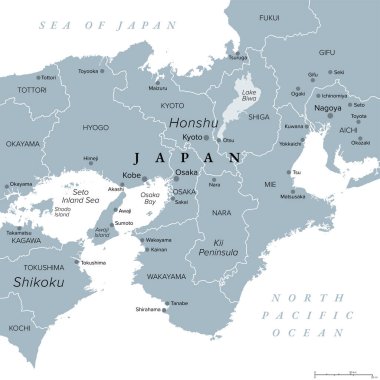 Kansai region, or the Kinki region in Japan, gray political map. Southern-central region of the main island Honshu, consisting of the prefectures Hyogo, Mie, Nara, Osaka, Kyoto, Shiga, and Wakayama. clipart